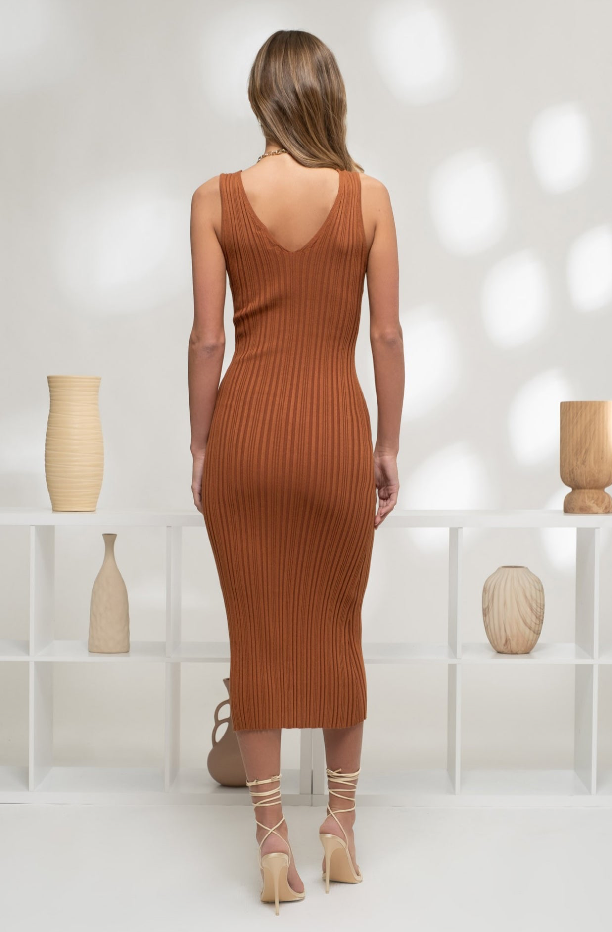 Copper Glow Sleeveless Midi Dress